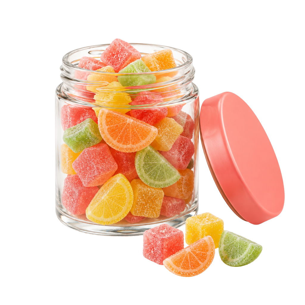 Jar of colorful fruit gummies